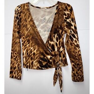 Olivia Rae Animal Print Wrap Blouse V-Nec Tie Waist Y2K Office-to-Dinner Chic L